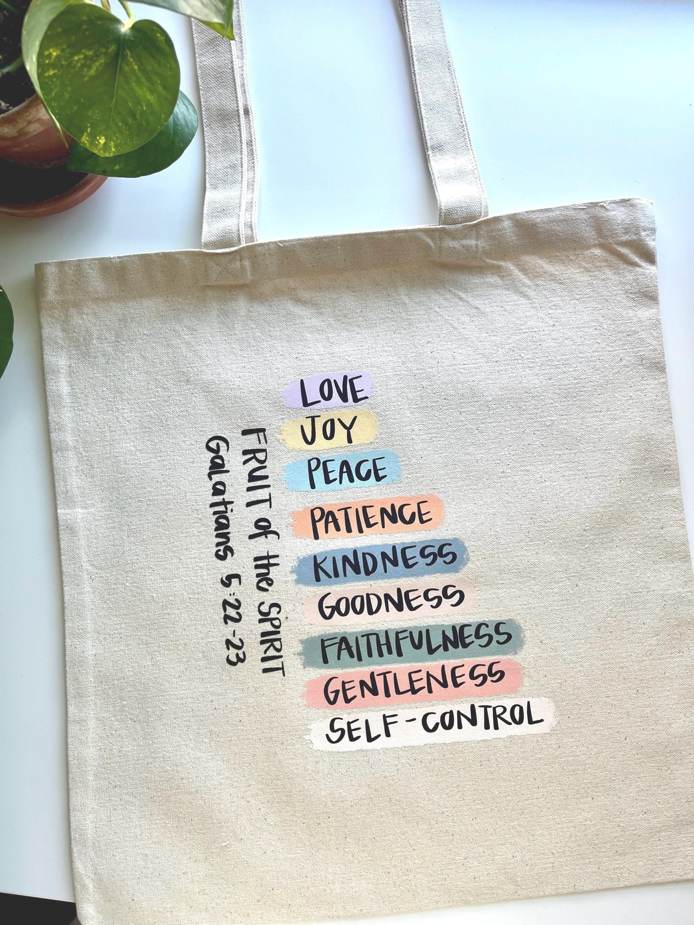 Fruits of the Spirit Christian Tote Bag – Canvas Bible Verse Bag – Faith-Based Gift for Women – Religious Accessories – Galatians 5:22-23
